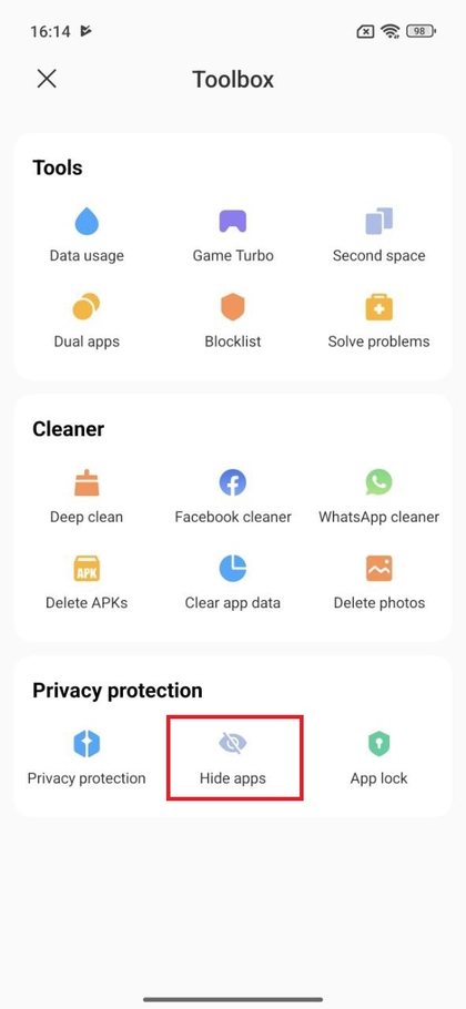 Navigation vers l'option Hide Apps (Masquer les applications) sur le POCO F7