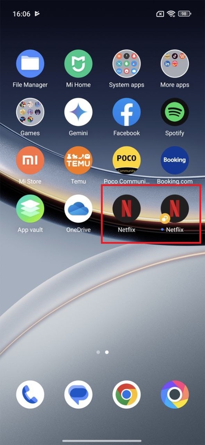 Klonirane aplikacije v predalu z aplikacijami POCO F7