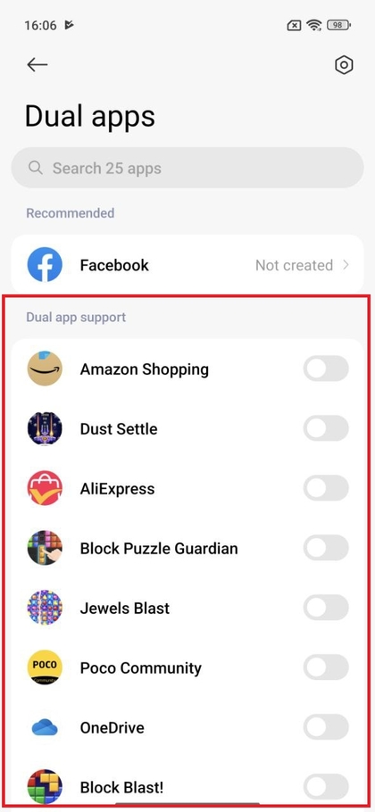 Seznam aplikacij, ki so na voljo za kloniranje na POCO F7