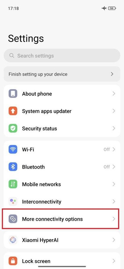 Menu de Configura&ccedil;&otilde;es para Conectividade no POCO F7