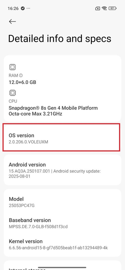 OS versijos bakstelėjimas POCO F7