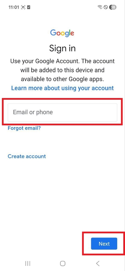 Schermata di inserimento dell'account Google del Samsung Galaxy A17