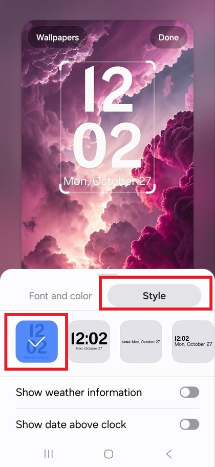Seleccionando el estilo de reloj predeterminado de las opciones disponibles