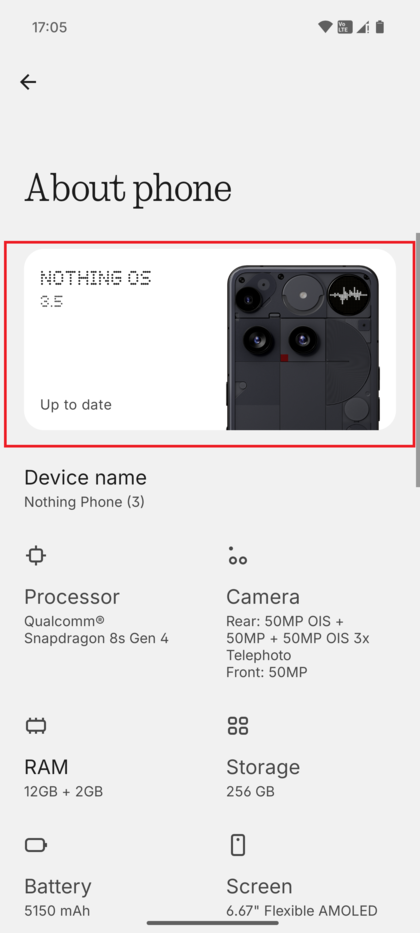 Sk&aelig;rmbillede af sk&aelig;rmen 'Om telefonen' med banneret 'Nothing Phone (3)' fremh&aelig;vet.