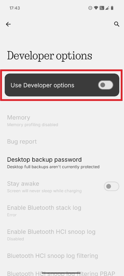 Sk&aelig;rmbillede af menuen Udviklerindstillinger med hovedafbryderen 'Use developer options' i slukket position.