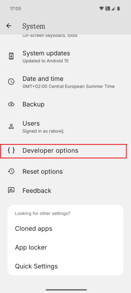 Sk&aelig;rmbillede af System-menuen, der viser den nyligt afsl&oslash;rede 'Udviklerindstillinger'-post.