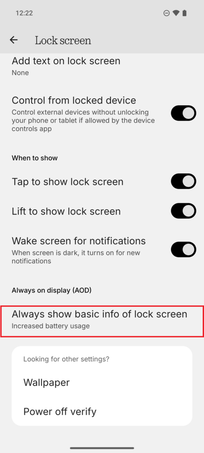 Lock screen settings with 'Always show basic info on lock screen' visible.