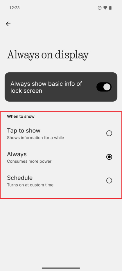 Settings menu showing the options: After tapping on the screen, According to the set schedule, and Always show.