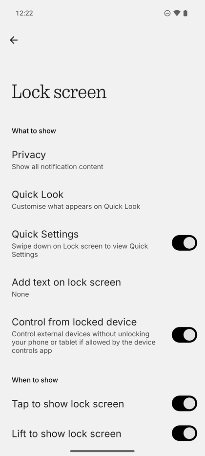 The Lock screen settings menu.