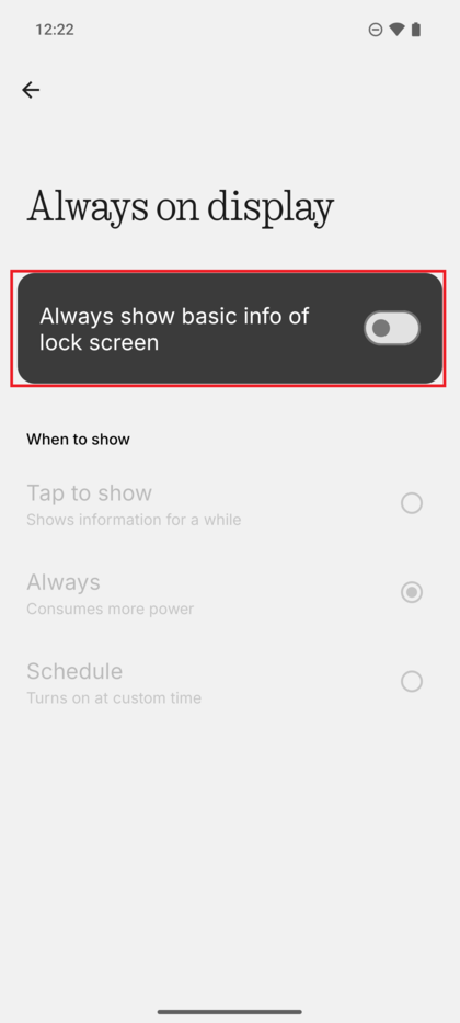 The toggle switch for 'Always show basic info on lock screen' is set to OFF.