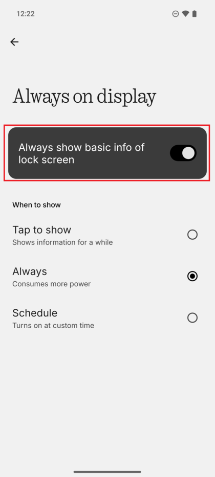 The toggle switch for 'Always show basic info on lock screen' is set to ON.