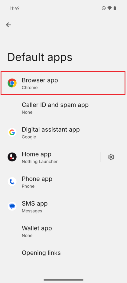 Das Men&uuml; 'Standard-Apps' zeigt Kategorien wie Browser-App, Telefon-App, SMS-App.