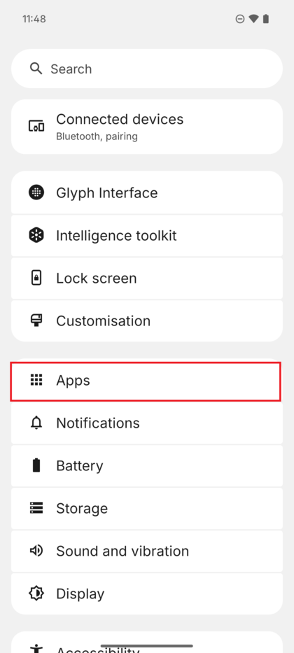 Der Einstellungsbildschirm nach unten gescrollt, zeigt Systemkategorien.