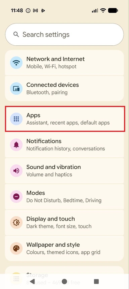 Menu Instellingen met de optie Apps geselecteerd.