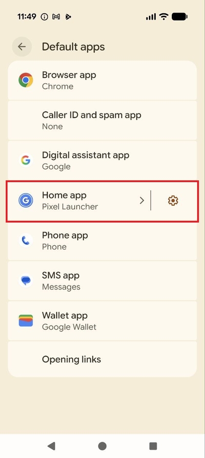 Tikken op de optie Start-app in het menu Standaardapps.