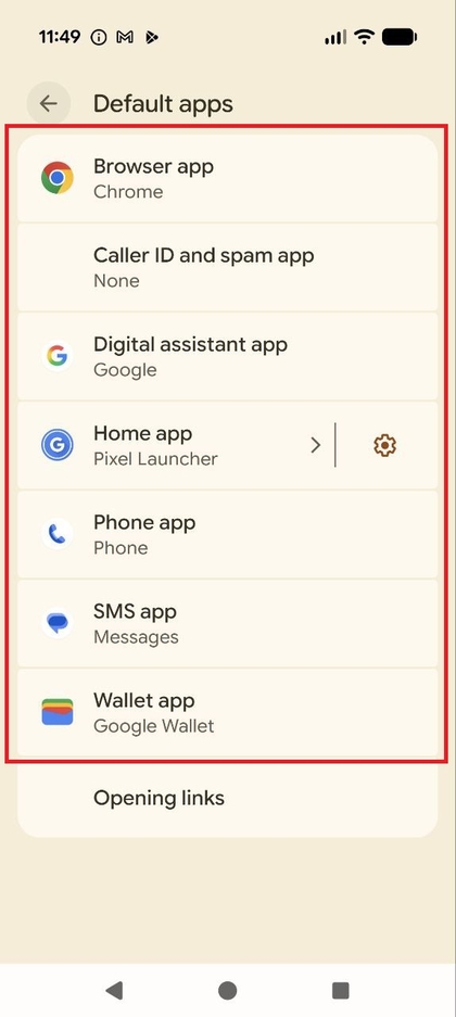 Het scherm Standaardapps met een lijst met aanpasbare app-categorie&euml;n.