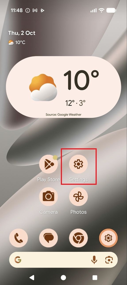 Het hoofdmenu Instellingen op de Google Pixel 10.