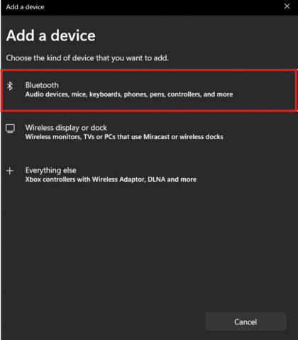 Bluetooth-Option im Fenster 'Ger&auml;t hinzuf&uuml;gen'