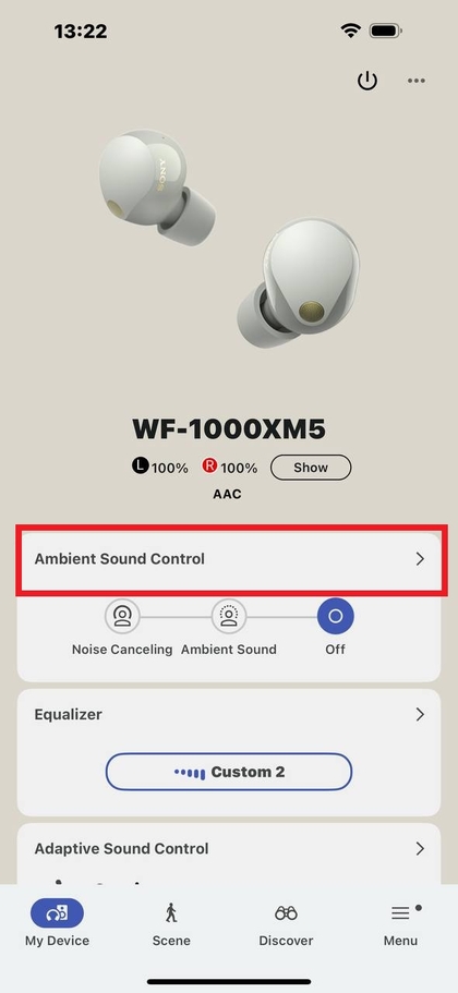Einstellungen der Ambient Sound Control in der App