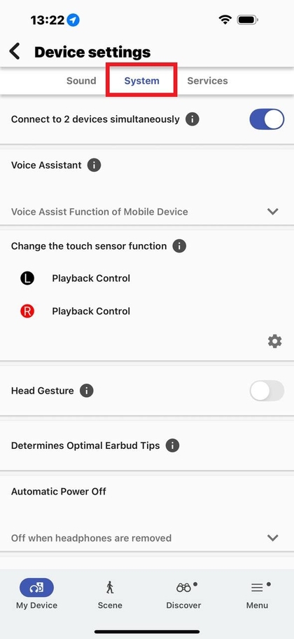 Men&uuml; der Systemeinstellungen in der Sony Sound App