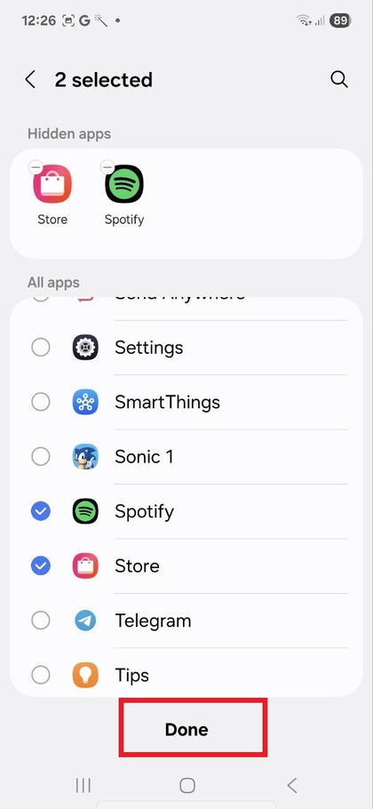 M&oacute;dos&iacute;t&aacute;sok ment&eacute;se az alkalmaz&aacute;sok elrejt&eacute;se ut&aacute;n a Samsung Galaxy A56 k&eacute;sz&uuml;l&eacute;ken