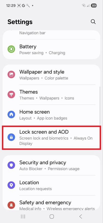 Navigating to Lock Screen settings on Samsung Galaxy A56