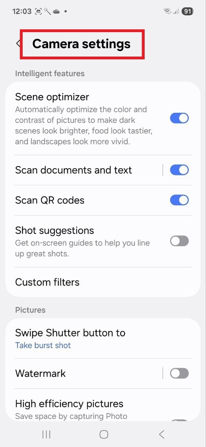 Chaguo za menyu ya mipangilio ya kamera