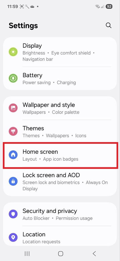 Chaguo la Skrini ya Nyumbani limeangaziwa kwenye mipangilio