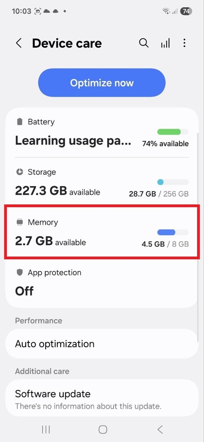 Device Care settings with memory option highlighted on Samsung Galaxy A56
