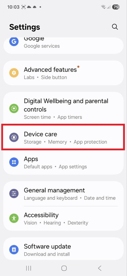 Inside settings, tapping device care option on Samsung Galaxy A56