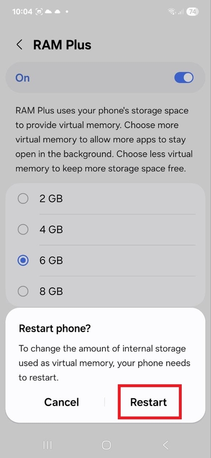Prompt to restart Samsung Galaxy A56 to apply changes