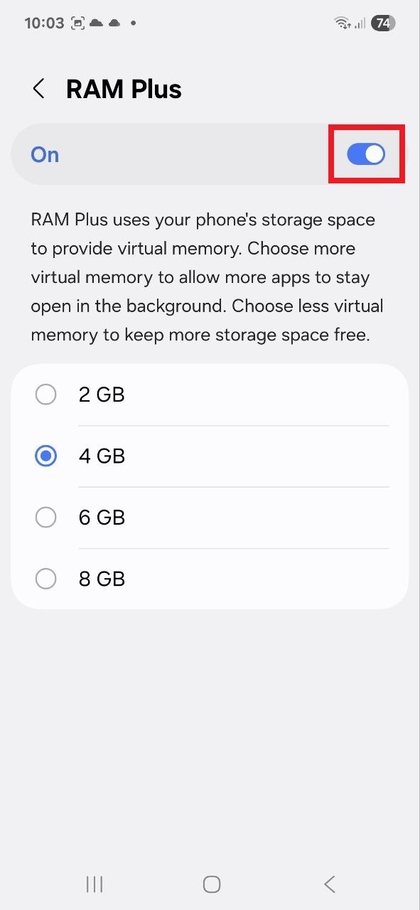 RAM Plus toggle switch to enable feature on Samsung Galaxy A56