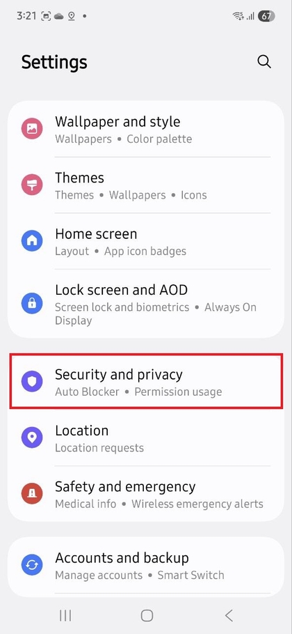 Menu de configura&ccedil;&otilde;es de Seguran&ccedil;a e Privacidade