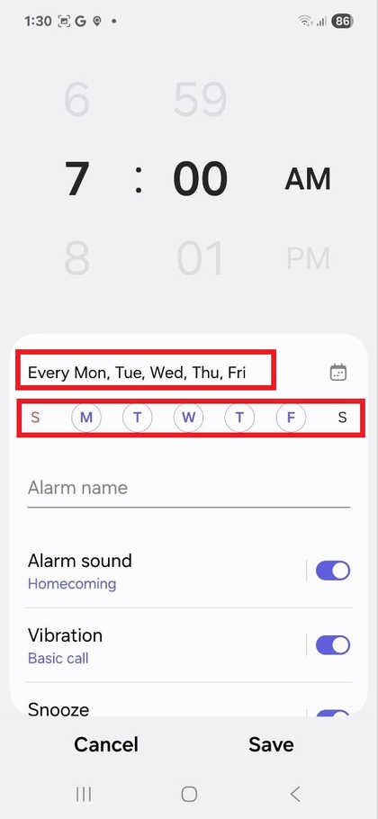 Қайталанатын оятқыш опциялары үшін күндерді таңдаңыз