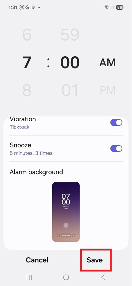 Жаңа оятқышты аяқтау және сақтау үшін сақтау түймесін түртіңіз
