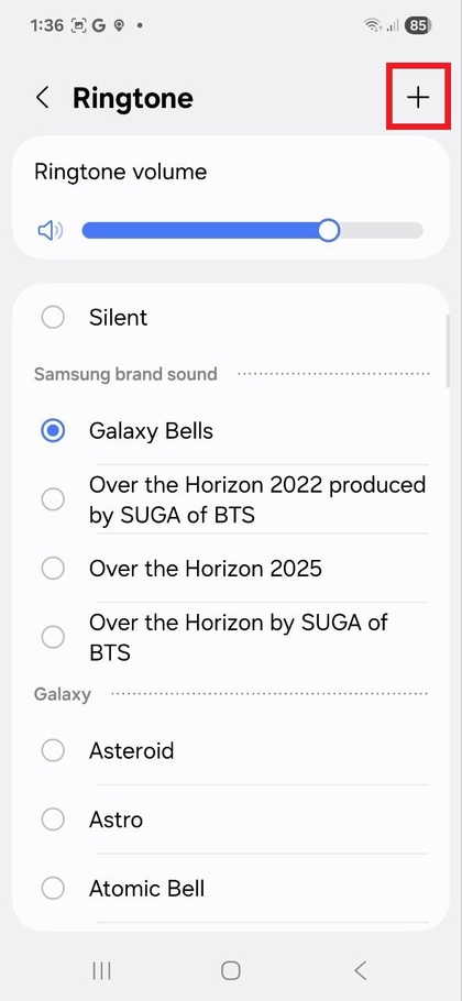Samsung Galaxy A56 телефонындағы реттелетін қоңырау үніне арналған қосу түймесі