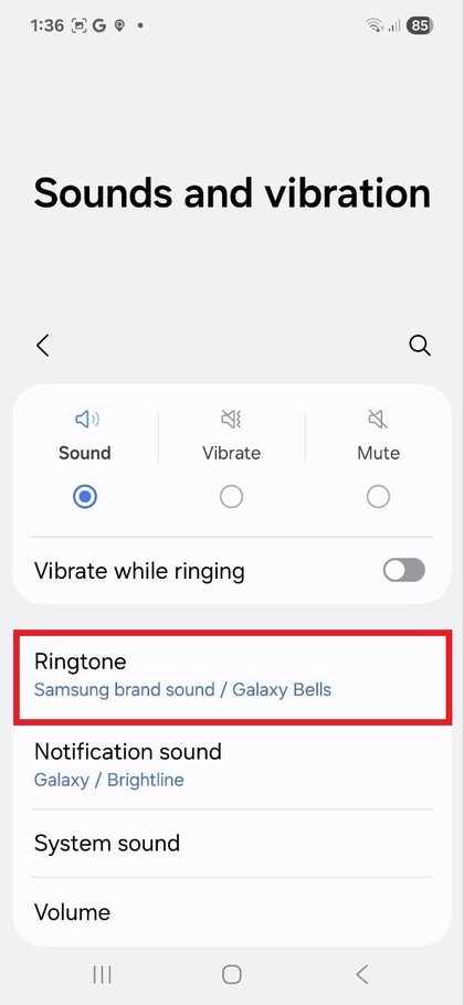 Samsung Galaxy A56 телефонындағы қоңырау үнін таңдау экраны