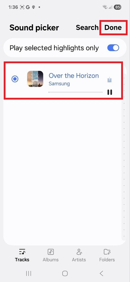 Реттелетін қоңырау үні музыкалық файлдарына арналған таңдау экраны