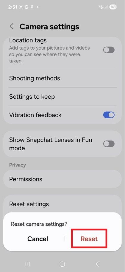 A kamera be&aacute;ll&iacute;t&aacute;sainak vissza&aacute;ll&iacute;t&aacute;s&aacute;nak megerős&iacute;t&eacute;se