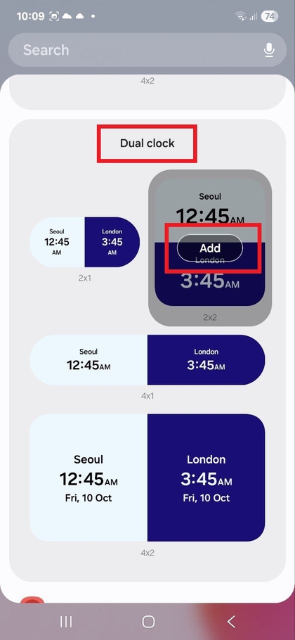 Samsung Galaxy A56 da Qo'shish tugmasini bosish orqali dual soat виджетини qo'shish