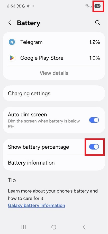 Kapcsold be vagy ki az akkumul&aacute;tor sz&aacute;zal&eacute;kos &eacute;rt&eacute;k&eacute;nek megjelen&iacute;t&eacute;s&eacute;t a Samsung Galaxy A56-on