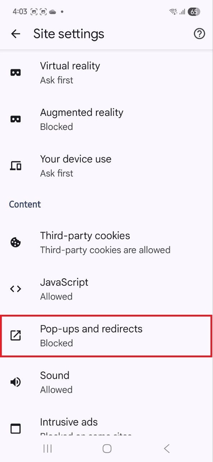 Bloquear pop-ups e redirecionamentos no Chrome
