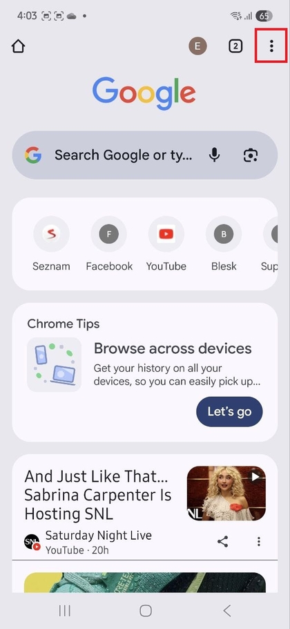 Toque no menu de tr&ecirc;s pontos no Chrome