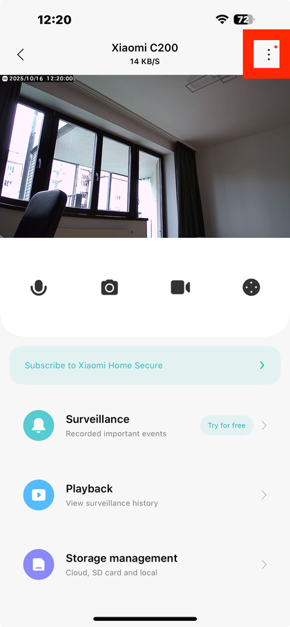 &Iacute;cone de configura&ccedil;&otilde;es da c&acirc;mera no aplicativo Xiaomi Home