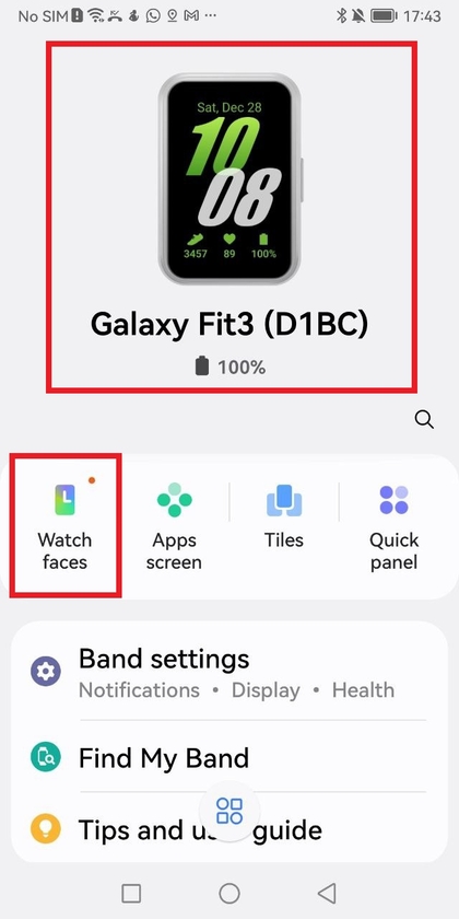 Samsung Galaxy Wearable-appens hovedsk&aelig;rm med tilsluttet enhed