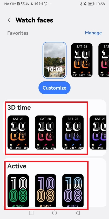Valgpanel med urskiver i Galaxy Wearable-appen