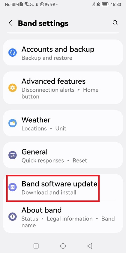 Band software update option in settings menu
