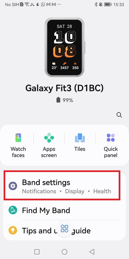 Galaxy Wearable app showing band settings option
