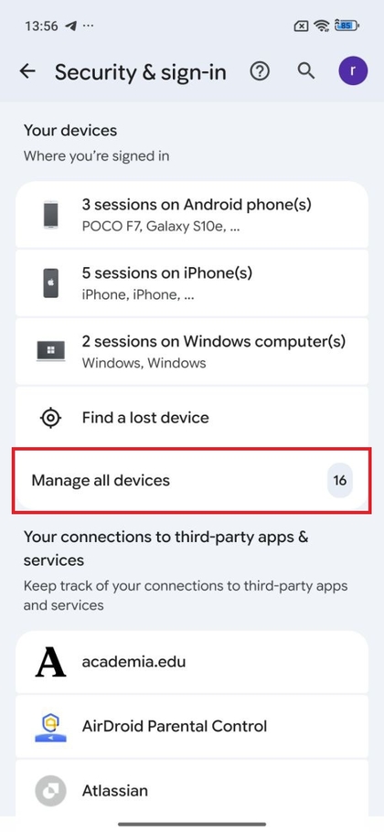 Visų įrenginių valdymas Google paskyroje