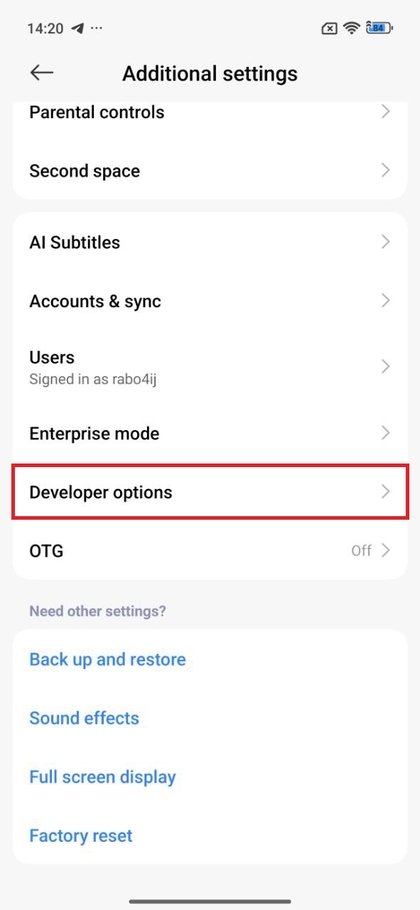 Rolando at&eacute; Op&ccedil;&otilde;es de Desenvolvedor nas configura&ccedil;&otilde;es
